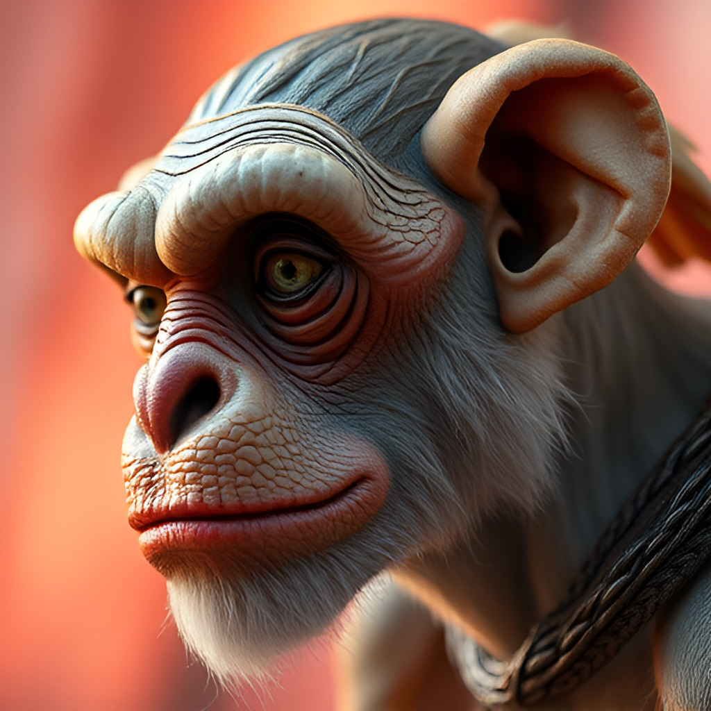3D rendered chimpanzee portrait in profile with detailed facial features and textured fur against orange background