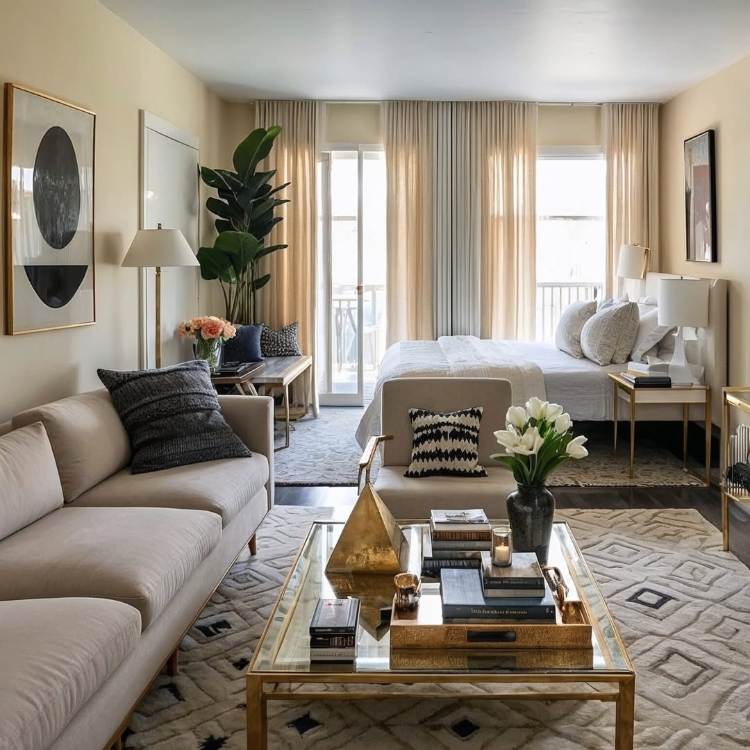 Elegant studio room with a bed, sofa, coffee table, brass pyramid decor, and tall windows