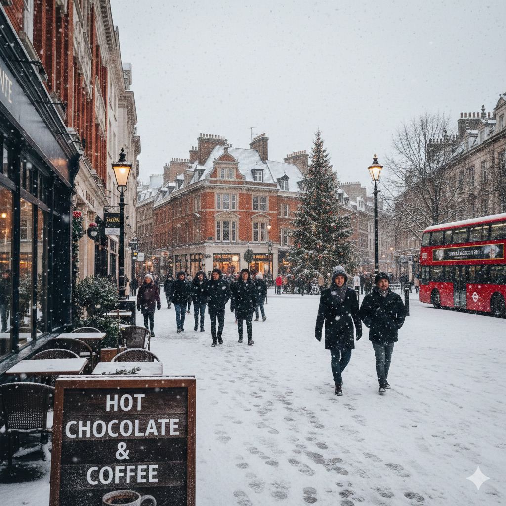 People walking on snowy urban street with red bus and brick buildings in winter