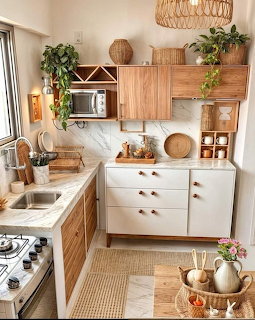 Bright rustic kitchen with wooden cabinets, plants, woven decor, and open shelves