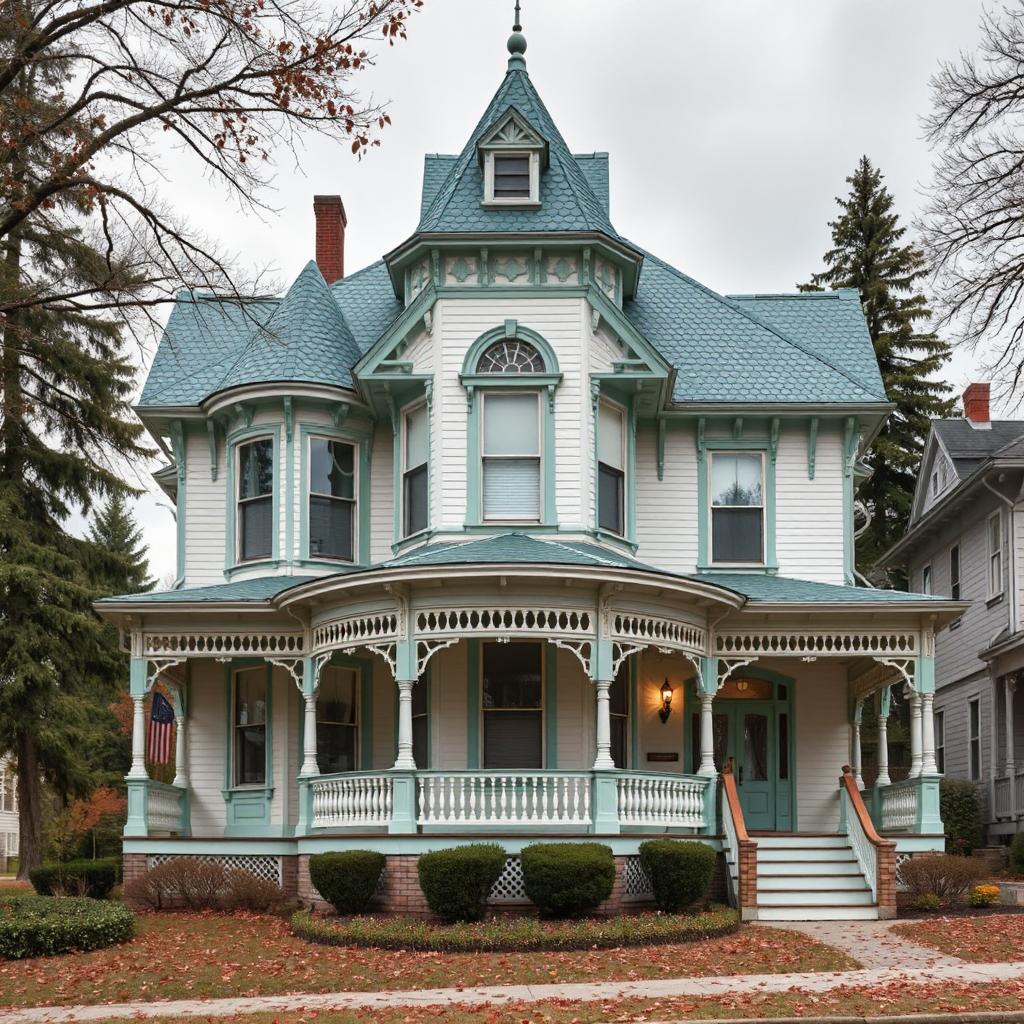 Victorian mansion with turret, wraparound porch, ornate white trim and teal roof in winter setting
