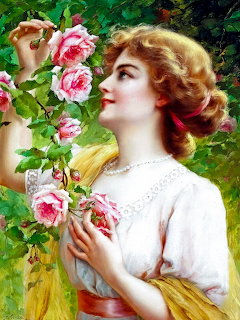 Painting of a woman in white blouse smelling pink roses on a green bush