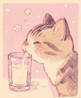 Illustration of a striped kitten drinking from a glass