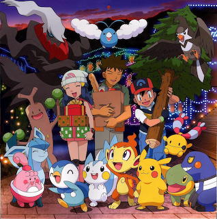 Pokemon trainers and their Pokemon gathered together for Christmas celebration with decorated tree and festive lights