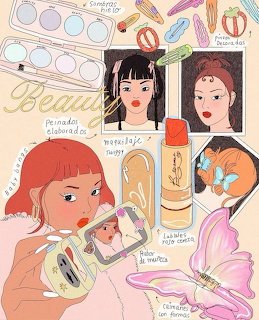 Illustrated collage of girls with makeup items including lipstick, eyeshadow palette, hair clips, and butterflies