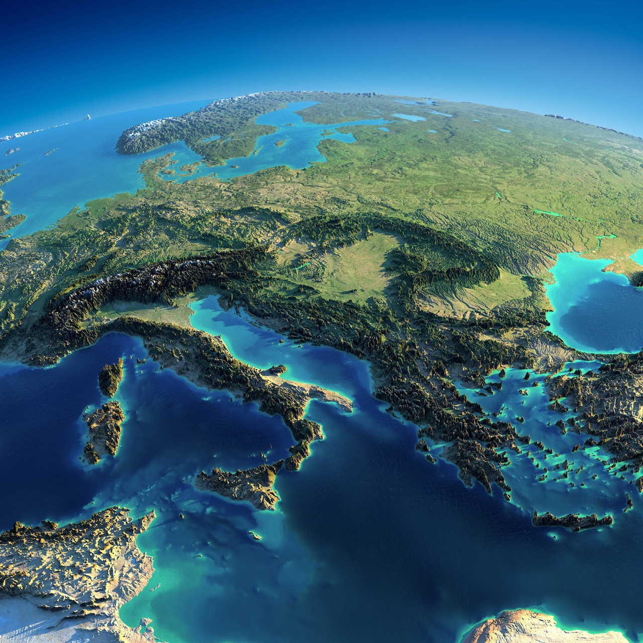 Satellite-style view of Europe with Italy, the Alps, the Balkans, and surrounding seas