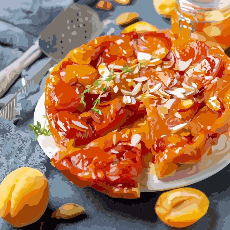 Illustrated peach cobbler on a white plate with almond toppings, fresh peaches, and utensils on dark background
