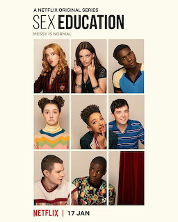 Sex Education Netflix series poster showing seven cast members in separate portrait panels on a light background