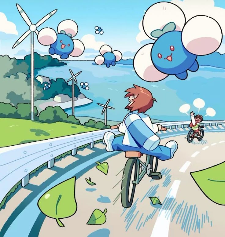 Anime illustration of person on bicycle with blue floating Pokemon creatures on coastal path