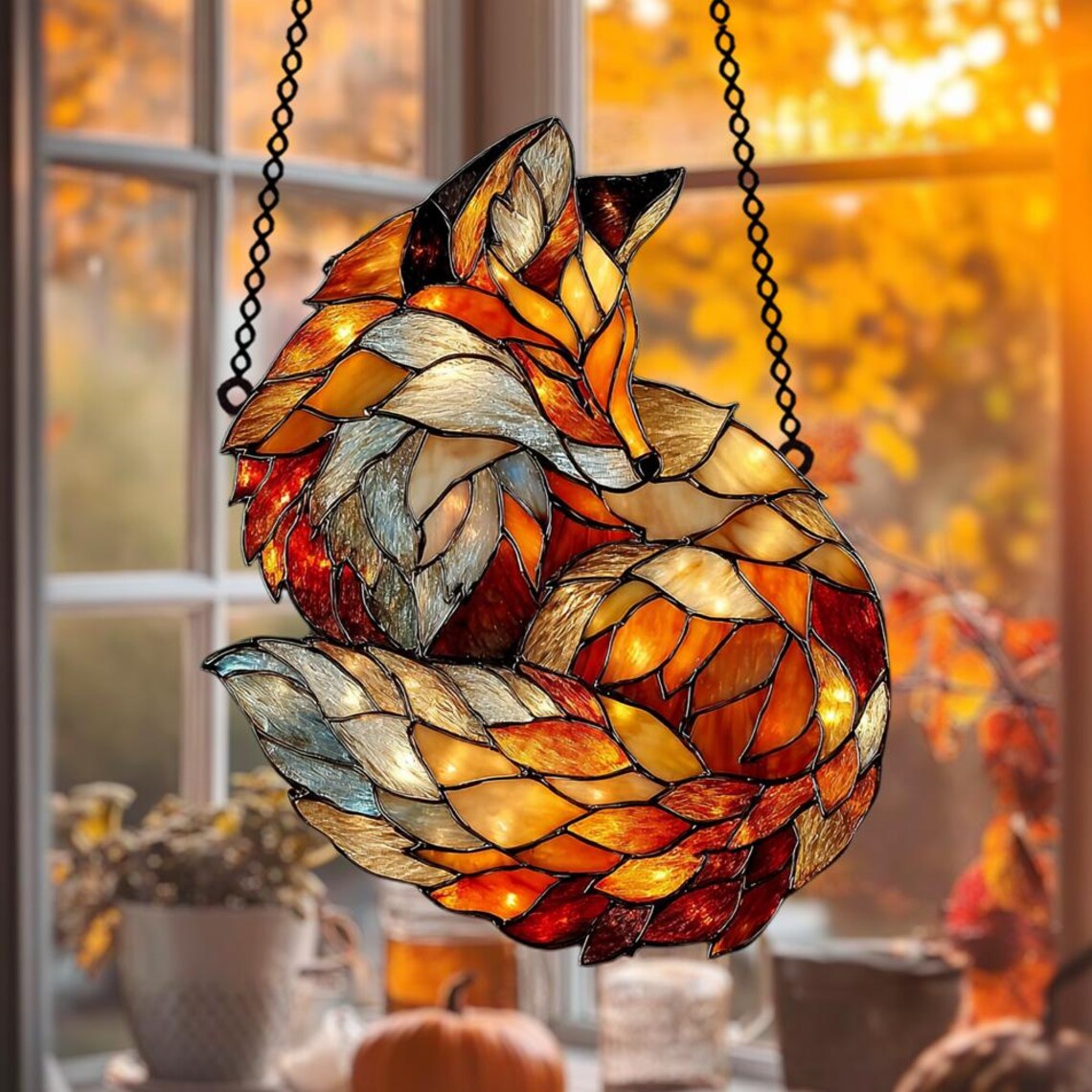 Fox-shaped stained glass suncatcher hanging in a window with warm autumn light behind it