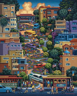 Colorful illustration of Lombard Street in San Francisco with winding road, cable cars, and hillside buildings