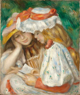 Impressionist painting of two girls reading a book, one in a white hat with red ribbon, green background