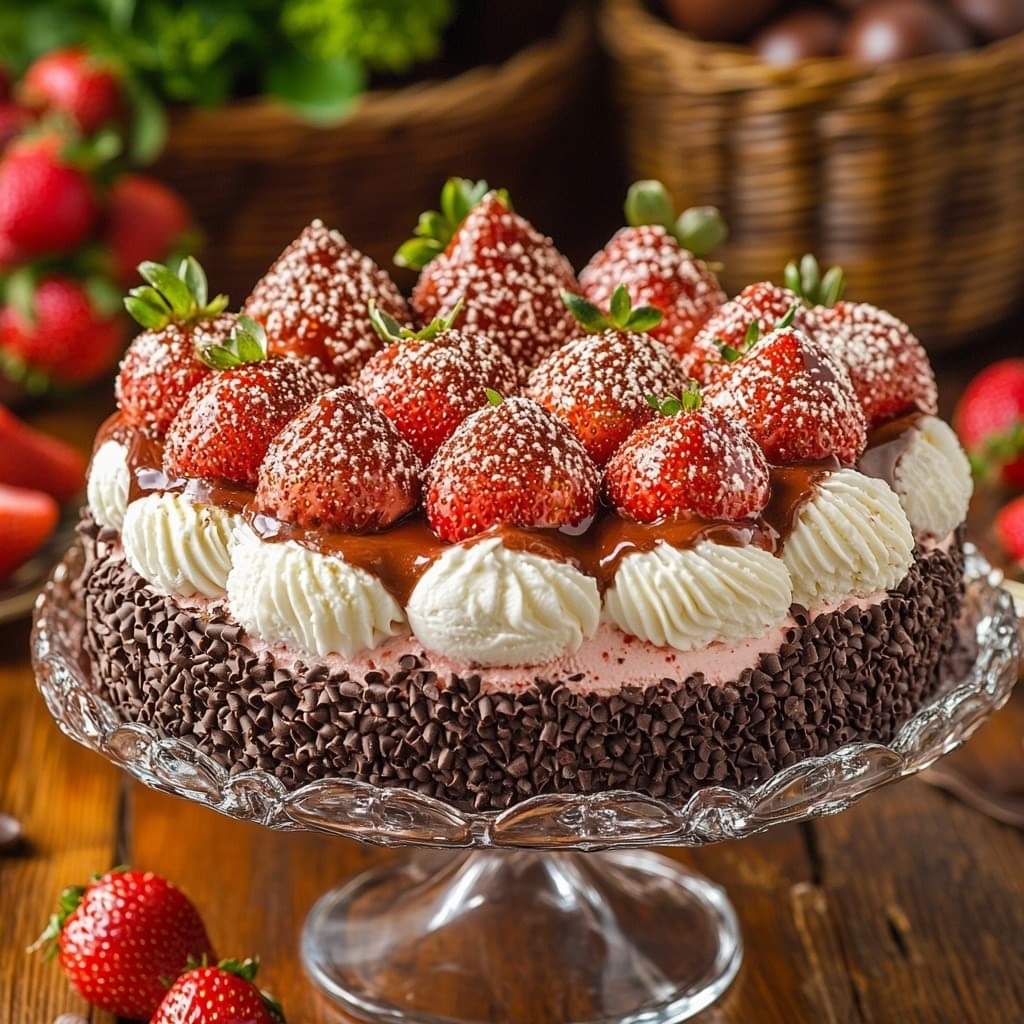 Chocolate cake with strawberries and cream on glass stand