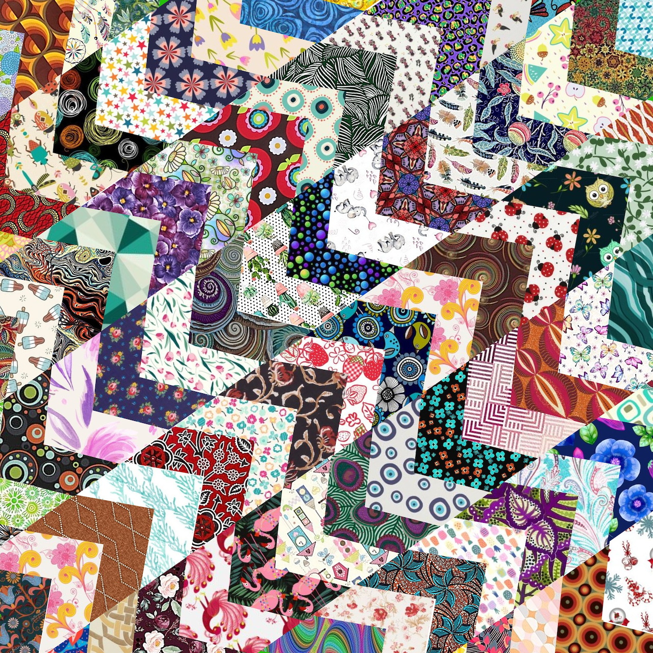 Colorful patchwork quilt with overlapping fabric pieces in varied patterns and bright colors