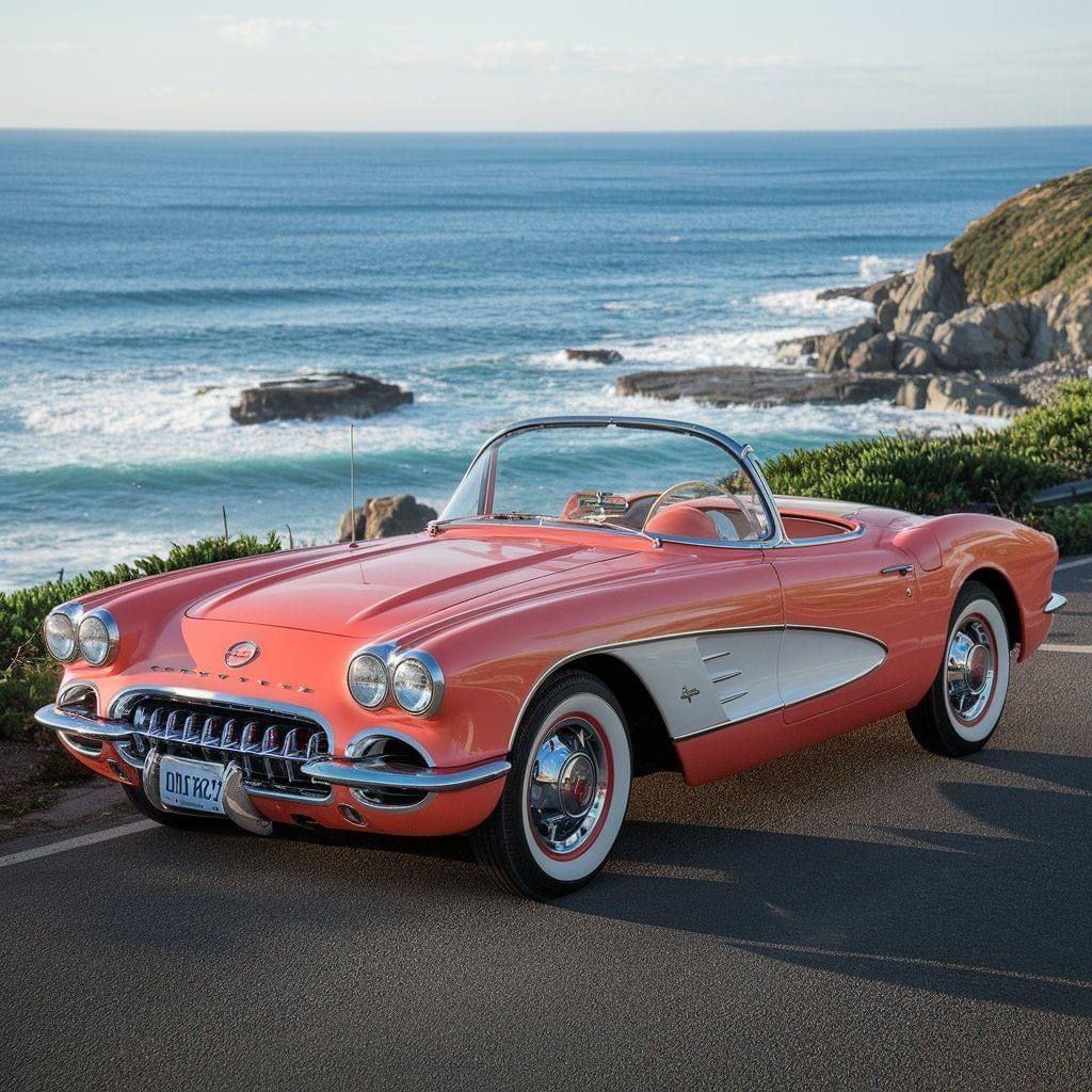 Red and white vintage Corvette convertible parked by ocean with rocky coast and blue sky