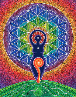Colorful dot mandala painting with yoga figure, Flower of Life, and rainbow gradient background