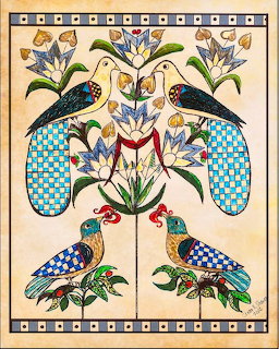 Folk art painting of four colorful decorative birds surrounded by stylized flowers