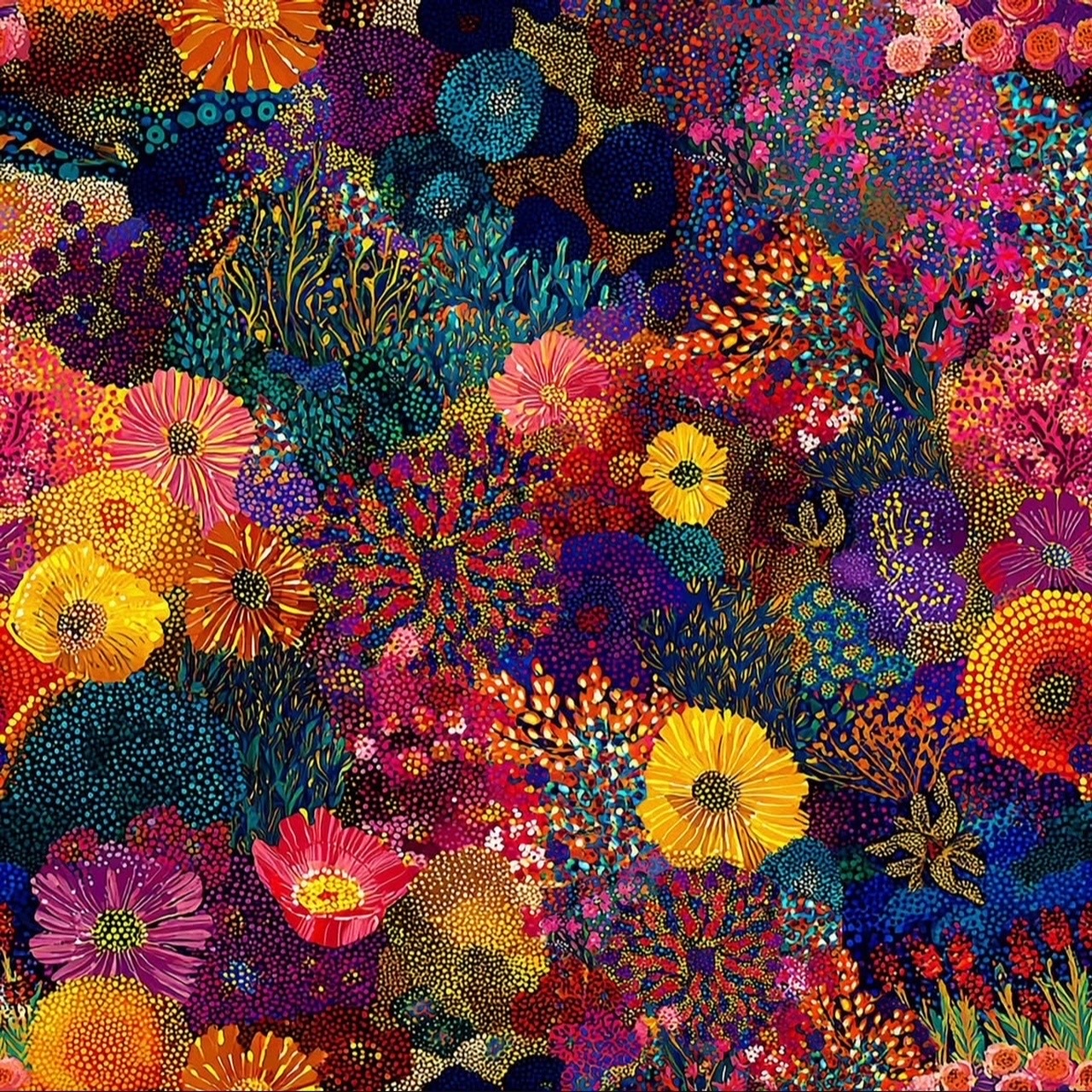 Dense collage of embroidered flowers with beads in bright colors on dark background
