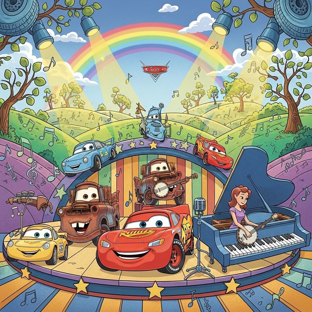 Cartoon Cars characters on a concert stage with instruments, a rainbow, and musical notes