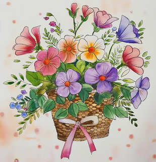 Watercolor illustration of a wicker basket overflowing with pink, purple, yellow, and orange flowers tied with a ribbon