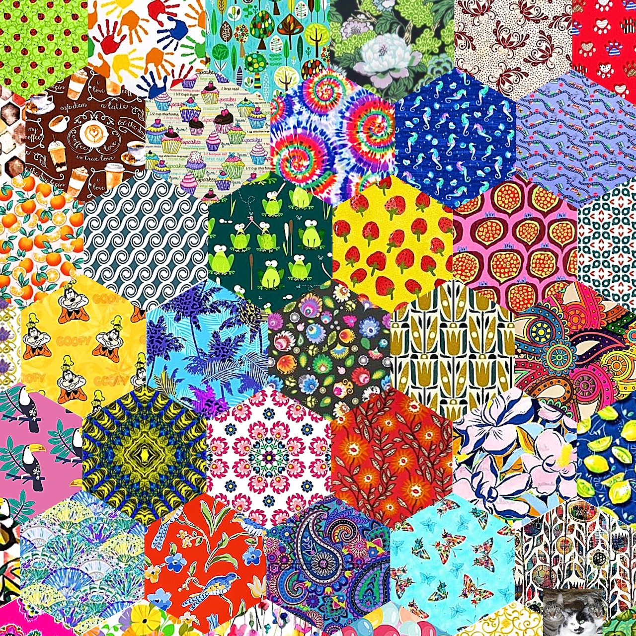 Collage of colorful hexagonal patches with various patterns including flowers, animals, and geometric designs