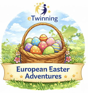 Illustrated wicker basket filled with colorful Easter eggs on a green spring meadow with pink flowers