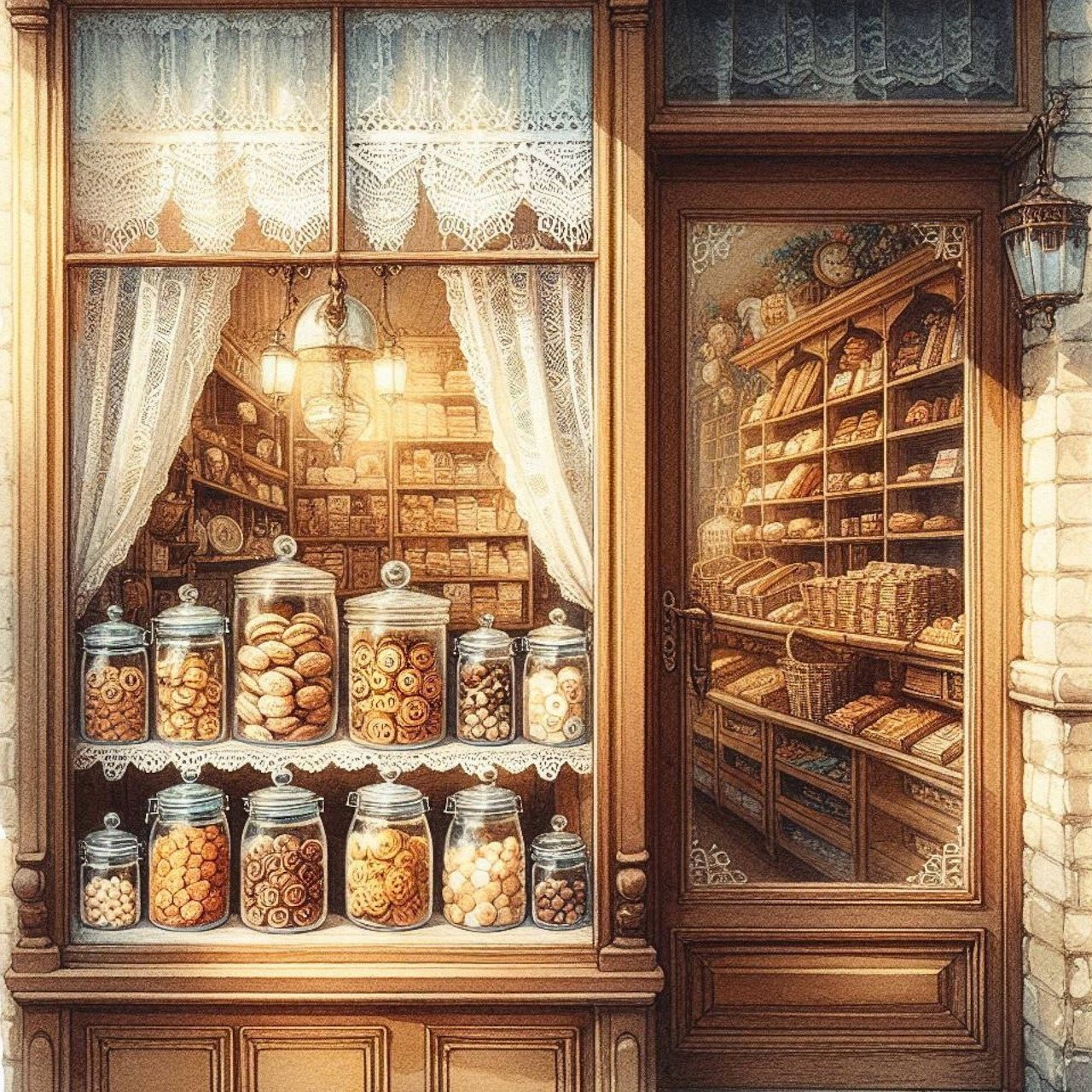 Illustrated vintage bakery storefront with cookie jars in window and bread-filled shelves visible through open door