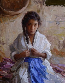 Oil painting of young girl in white blouse holding fabric, seated with blue skirt, impressionistic style