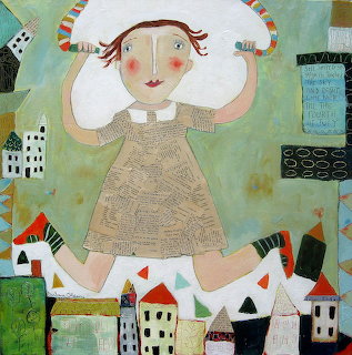 Folk art painting of girl with braids jumping over small houses in whimsical style