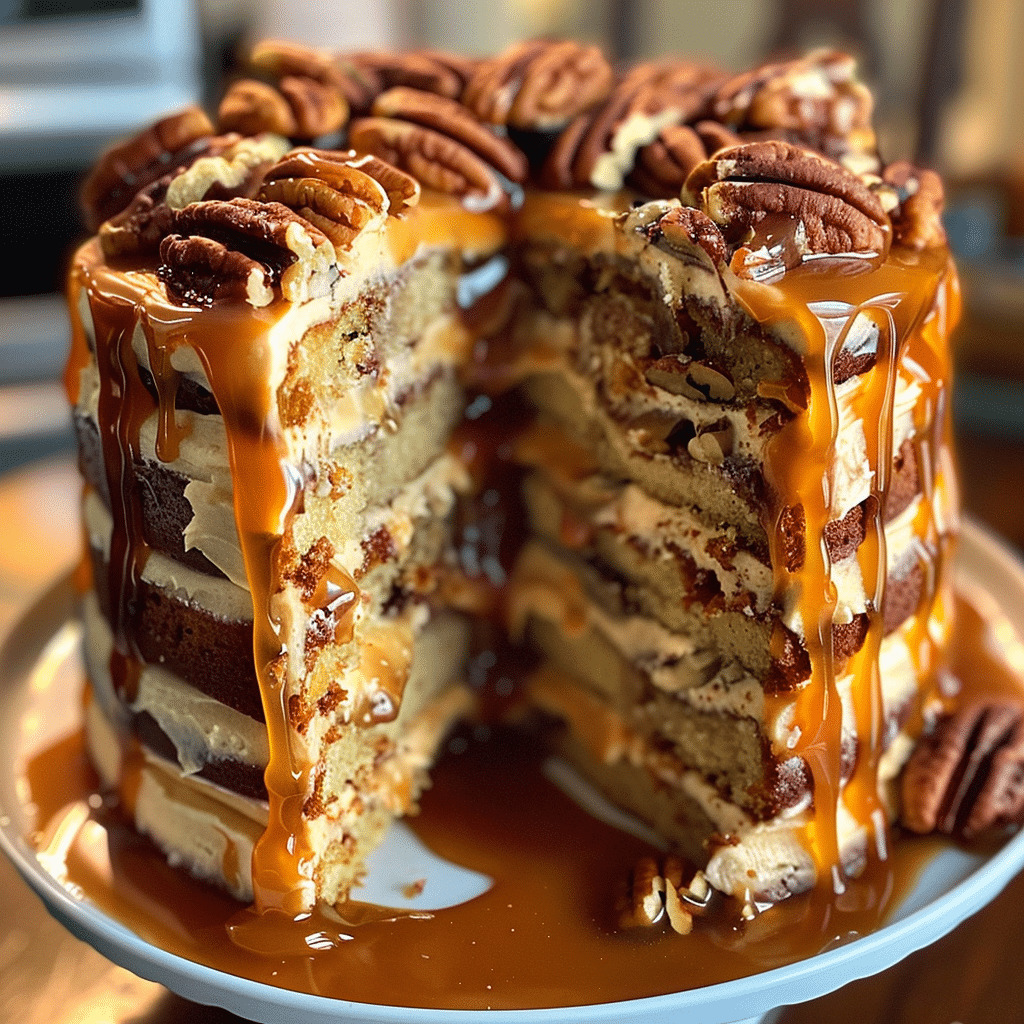 Close-up of a pecan layer cake with caramel sauce dripping over the sides and a slice cut out
