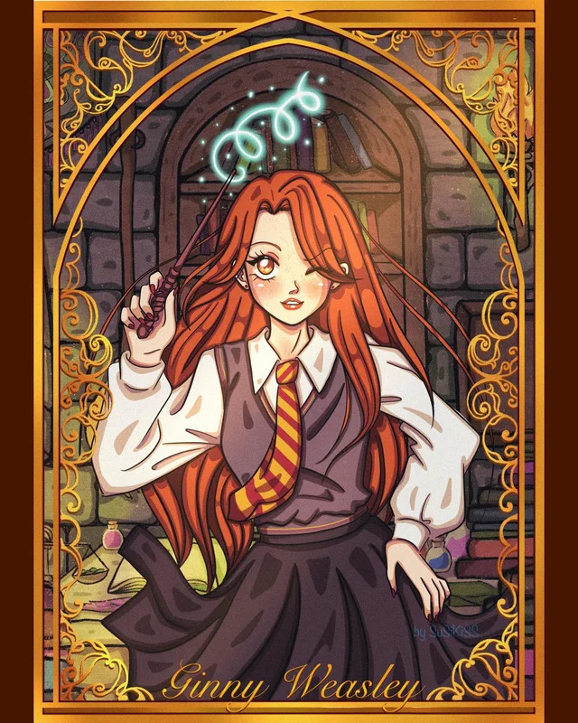 Anime illustration of red-haired girl in school uniform holding a wand with ornate golden frame