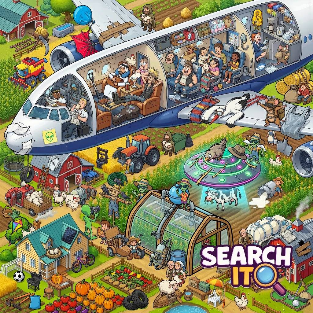 Colorful cartoon cutaway airplane above a busy farm with animals, tractors, and buildings