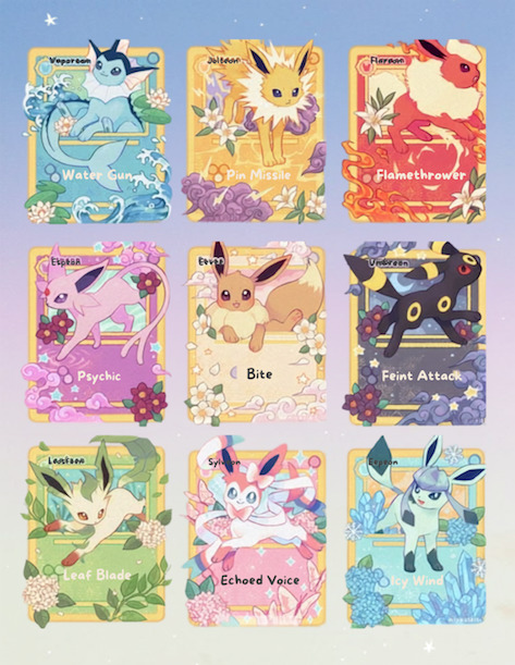 Grid of nine Pokemon cards showing Eevee and its various evolutions with colorful illustrated backgrounds
