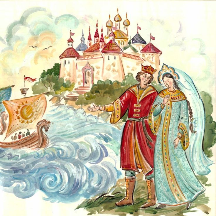 Illustrated royal couple standing by the sea with a ship and castle behind them
