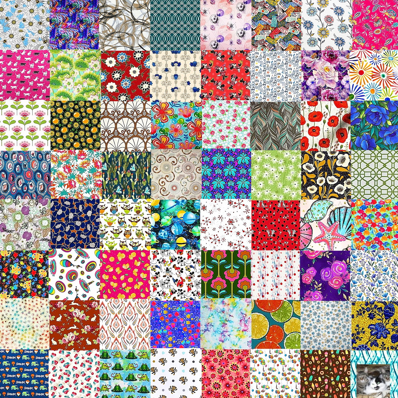 8x8 grid of colorful patchwork fabric squares with diverse patterns including flowers, dots, and geometric designs