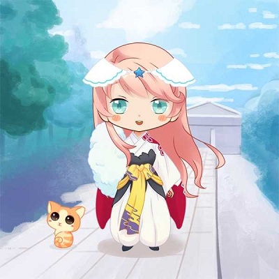 Chibi anime girl with pink hair in white and red outfit standing with orange cat on balcony