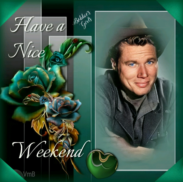 Decorative collage with a smiling man, teal roses, a stylized bird, and Have a Nice Weekend text