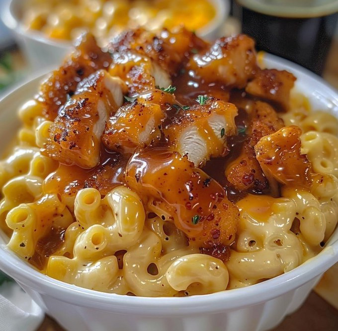 Creamy macaroni and cheese topped with glazed grilled chicken in a white bowl