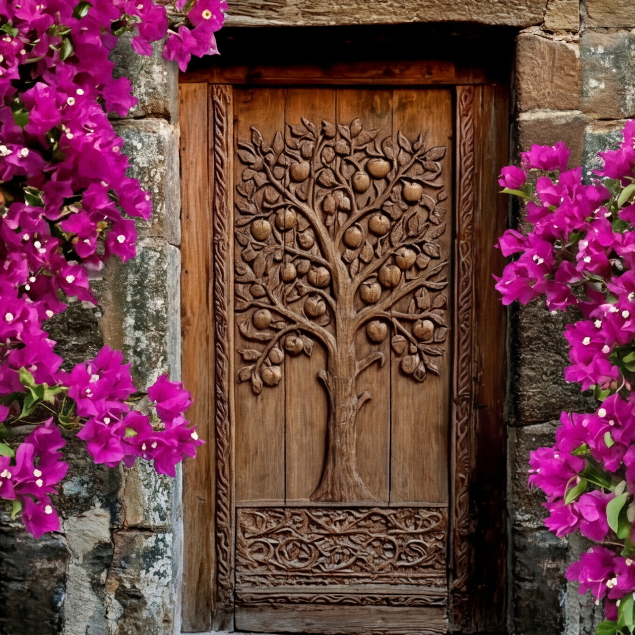 Carved wooden door with tree design surrounded by bright pink flowering vines in rustic stone entrance