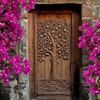 Carved Wooden Door with Flowers