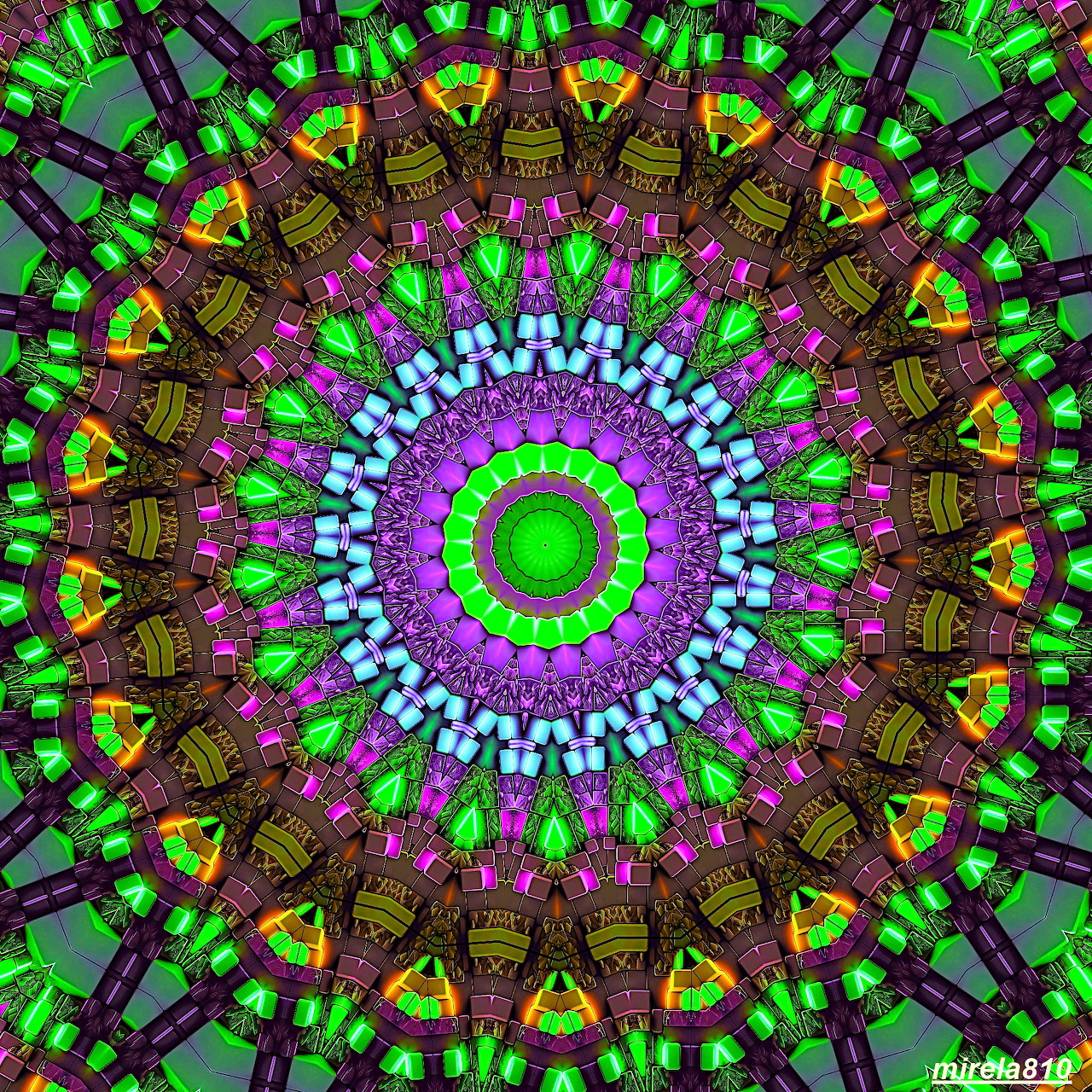 Colorful kaleidoscopic mandala with green, purple, yellow geometric patterns in radial symmetry