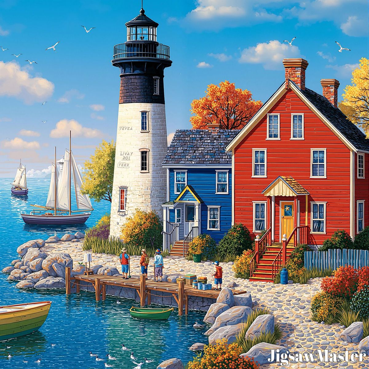 Lighthouse beside red and blue houses on rocky coast with dock and sailboats