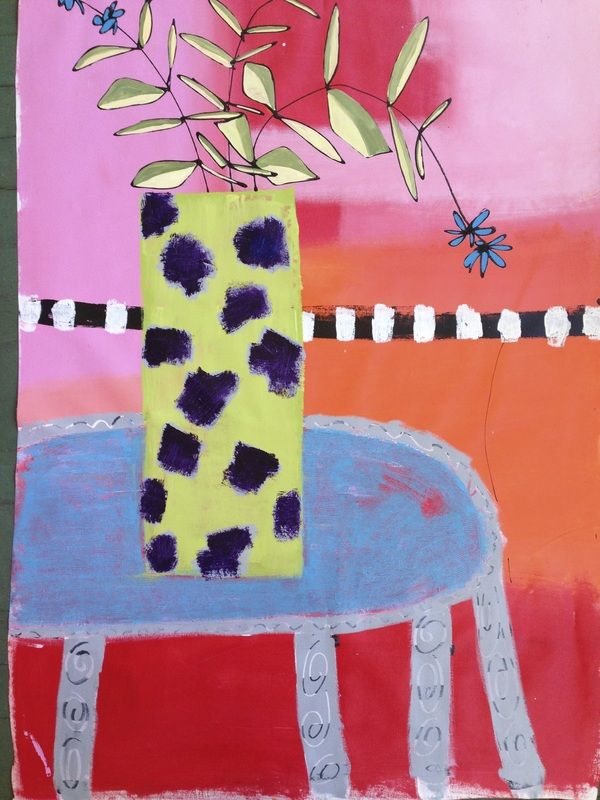 Colorful painting of a yellow spotted vase with branches on a blue table