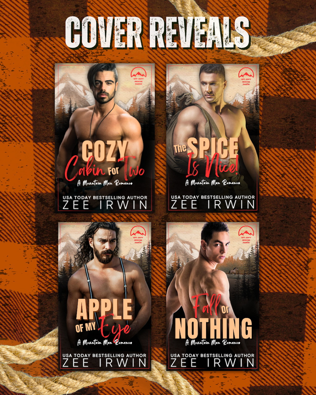 Four romance novel covers by Zee Irwin displayed as a cover reveal collage on an orange plaid background.
