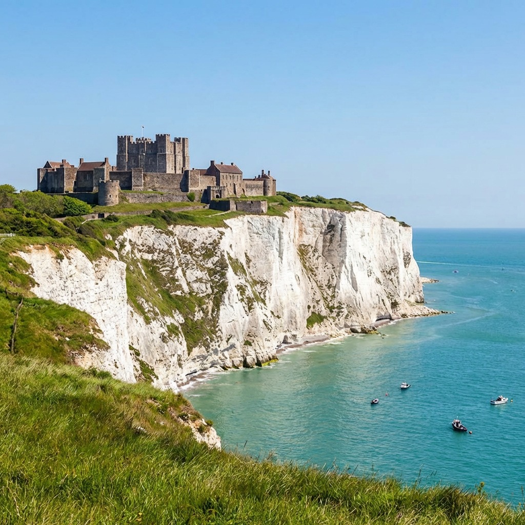 Castle on white coastal cliffs overlooking a turquoise sea and grassy headland