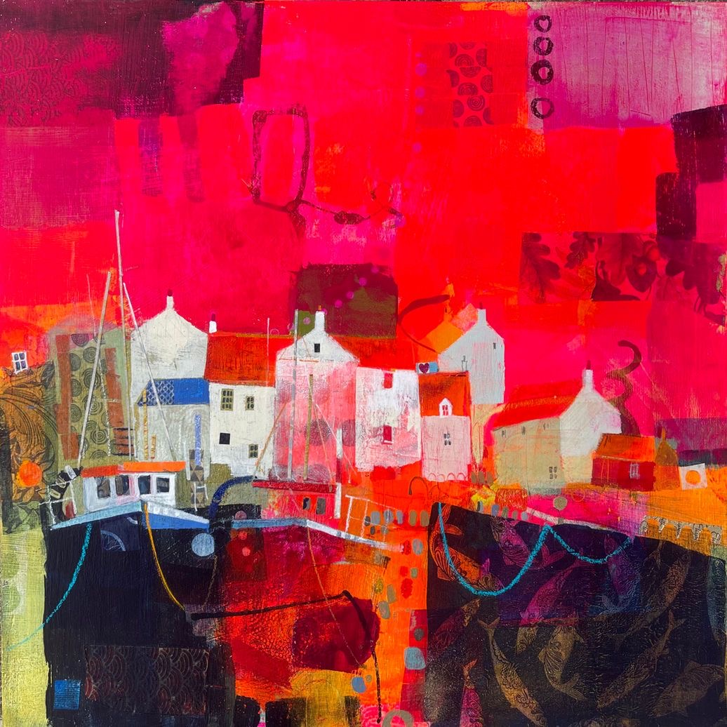Abstract painting of boats docked at a vibrant harbor with red and orange buildings under a pink sky