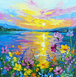 Impressionist painting of sunset over water with vibrant wildflowers in foreground