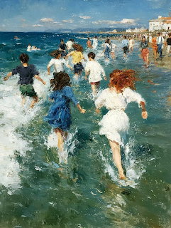 Impressionist painting of children playing in ocean waves near a beach with coastal town in background