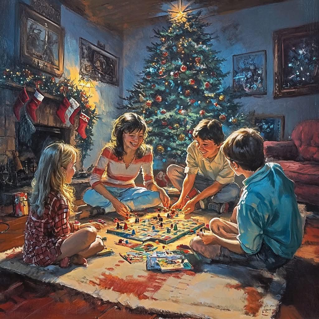 Family playing board game together in cozy room with illuminated Christmas tree and decorations