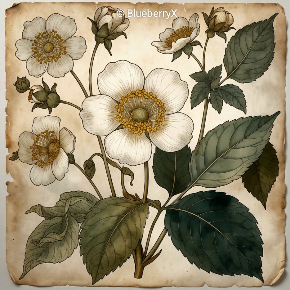 Vintage botanical drawing of white wild roses with leaves on aged parchment background
